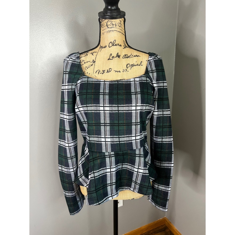 Francesca's Green Plaid Peplum Top Long Sleeve Square Neck shirt feminine Large